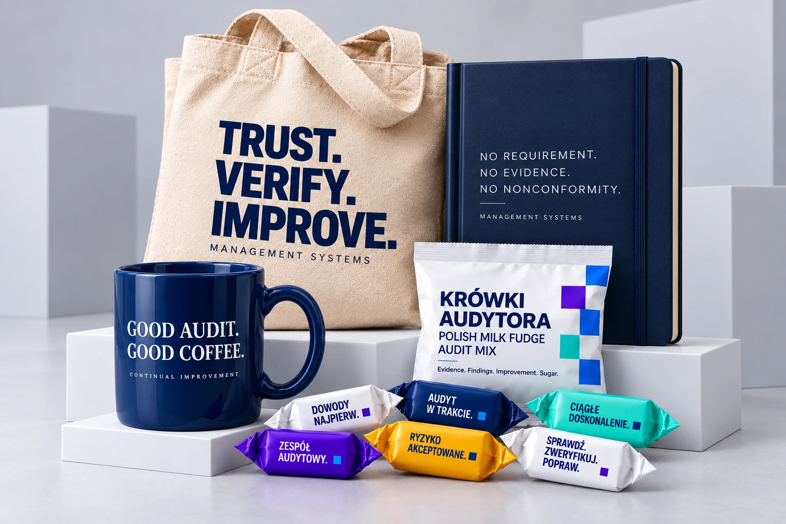 Zestaw prezentowy dla audytora z kubkiem, notesem, torbą i Krówkami Audytora