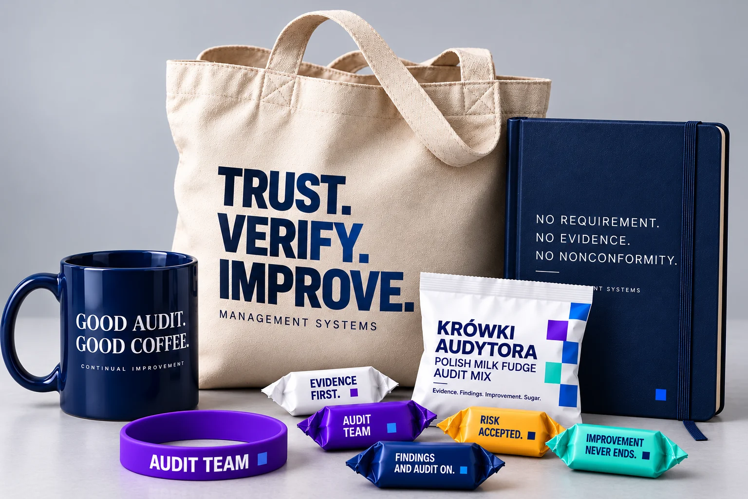 Kolekcja dla audytora z notesem, kubkiem, opaską Audit Team i Krówkami Audytora