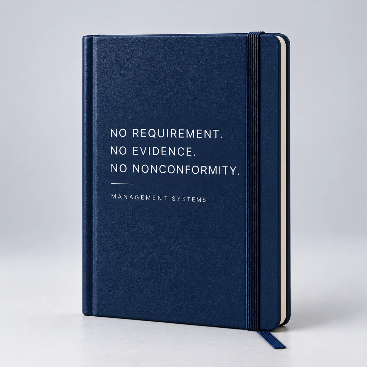 Granatowy notes audytora z hasłem No Requirement. No Evidence. No Nonconformity.